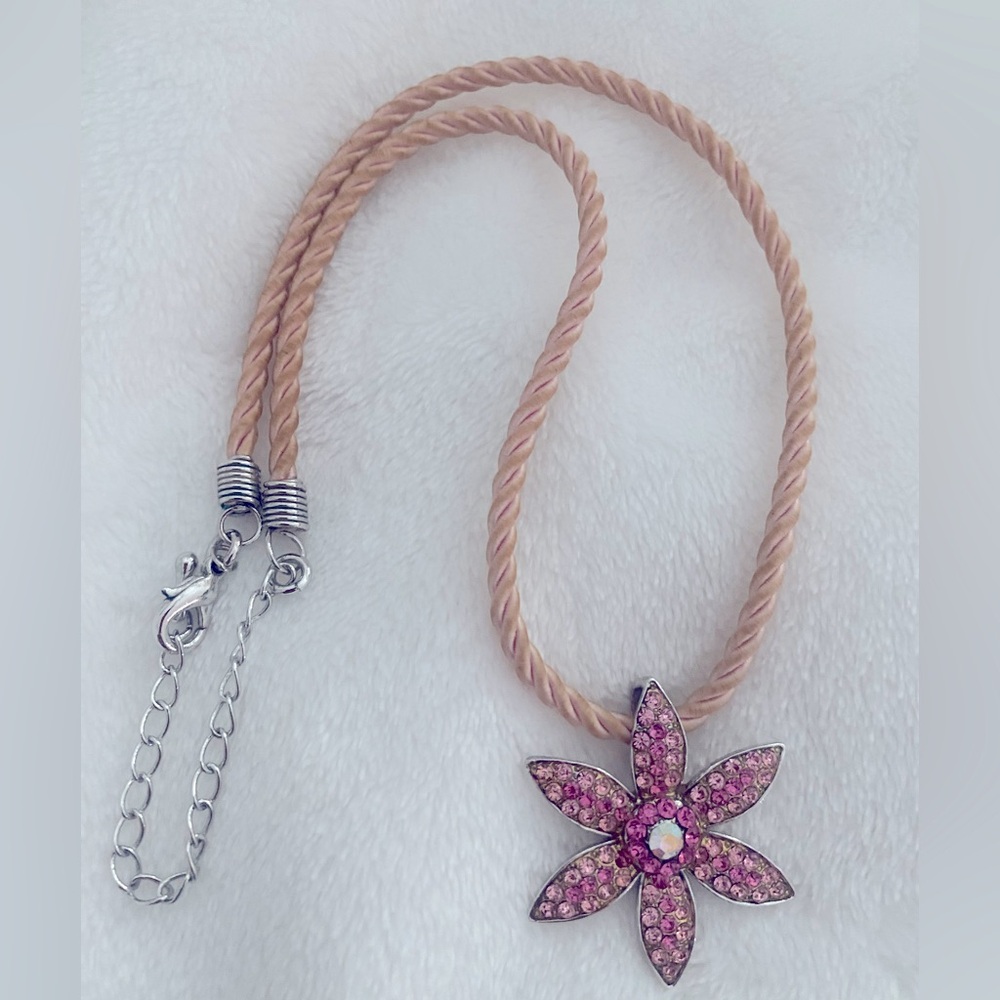 Cookie Lee Pink Crystal Floral Pendant Necklace on Pink Rope Chain, Adjustable
